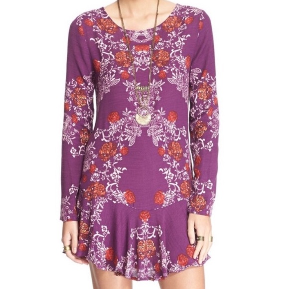 Free People Berry Purple Floral Open Back Tunic Printed Flowy Mini Dress - Picture 8 of 16